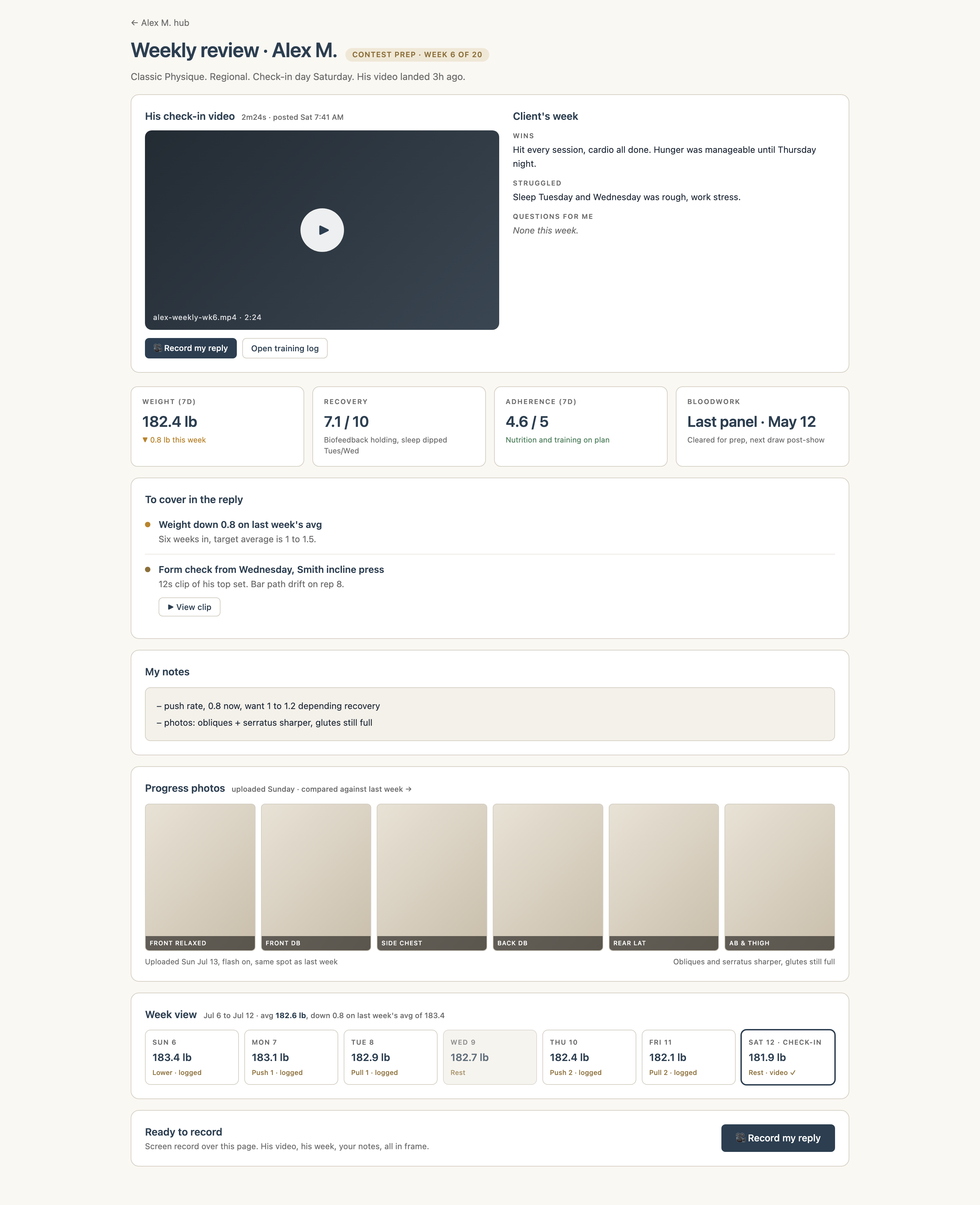 The weekly review: the client's video and written week beside their numbers and photos